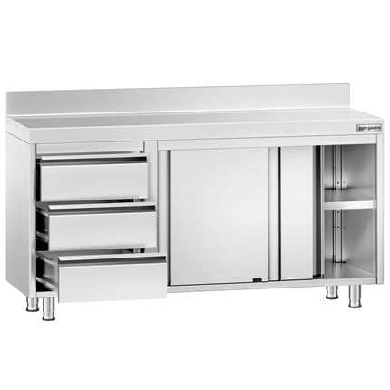 GGM Gastro Stainless Steel Floor Cupboard PREMIUM - 1400x700mm - with Sliding Doors - with 3 Drawers left & Upstand