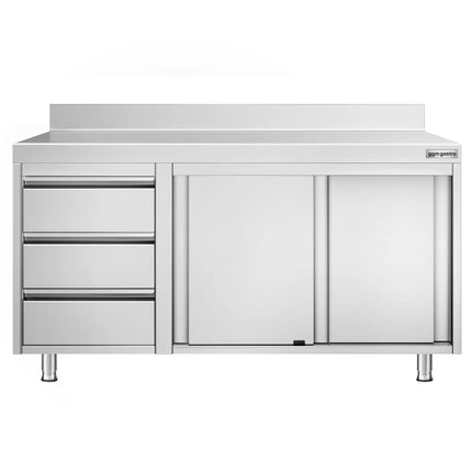 GGM Gastro Stainless Steel Floor Cupboard PREMIUM - 1400x700mm - with Sliding Doors - with 3 Drawers left & Upstand