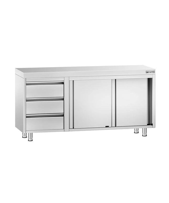 GGM Gastro Stainless Steel Floor Cupboard PREMIUM - 1600x600mm - with Sliding Doors - with 3 Drawers left