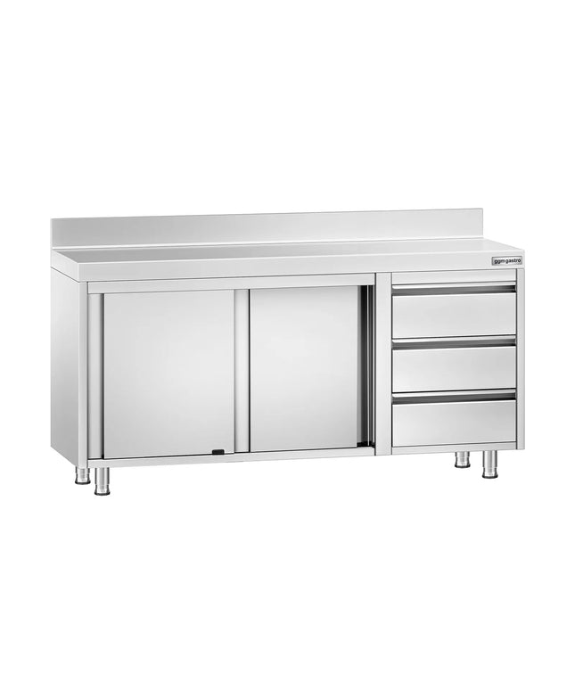 GGM Gastro Stainless Steel Floor Cupboard PREMIUM - 1600x600mm - with Sliding Doors with 3 Drawers right & Upstand