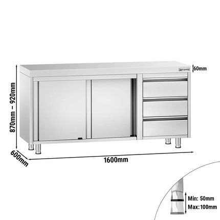 GGM Gastro Stainless Steel Floor Cupboard PREMIUM - 1600x600mm - with Sliding Doors - with 3 Drawers right