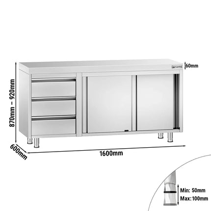GGM Gastro Stainless Steel Floor Cupboard PREMIUM - 1600x600mm - with Sliding Doors - with 3 Drawers left