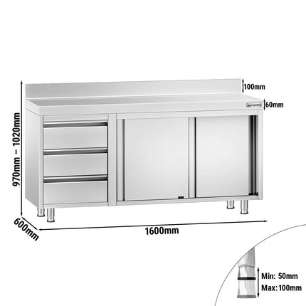 GGM Gastro Stainless Steel Floor Cupboard PREMIUM - 1600x600mm - with Sliding Doors - with 3 Drawers left & Upstand