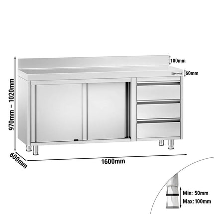GGM Gastro Stainless Steel Floor Cupboard PREMIUM - 1600x600mm - with Sliding Doors with 3 Drawers right & Upstand