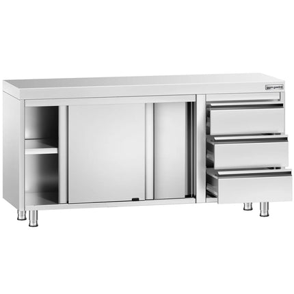 GGM Gastro Stainless Steel Floor Cupboard PREMIUM - 1600x600mm - with Sliding Doors - with 3 Drawers right