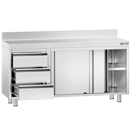 GGM Gastro Stainless Steel Floor Cupboard PREMIUM - 1600x600mm - with Sliding Doors - with 3 Drawers left & Upstand
