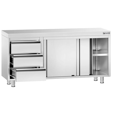 GGM Gastro Stainless Steel Floor Cupboard PREMIUM - 1600x600mm - with Sliding Doors - with 3 Drawers left