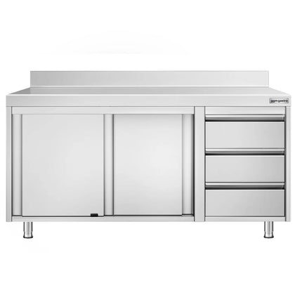 GGM Gastro Stainless Steel Floor Cupboard PREMIUM - 1600x600mm - with Sliding Doors with 3 Drawers right & Upstand
