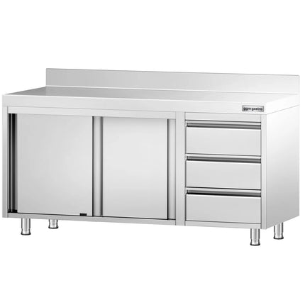 GGM Gastro Stainless Steel Floor Cupboard PREMIUM - 1600x600mm - with Sliding Doors with 3 Drawers right & Upstand