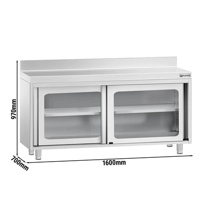 GGM Gastro Stainless Steel Floor Cupboard PREMIUM - 1600x700mm - with Glass Sliding Doors & Upstand