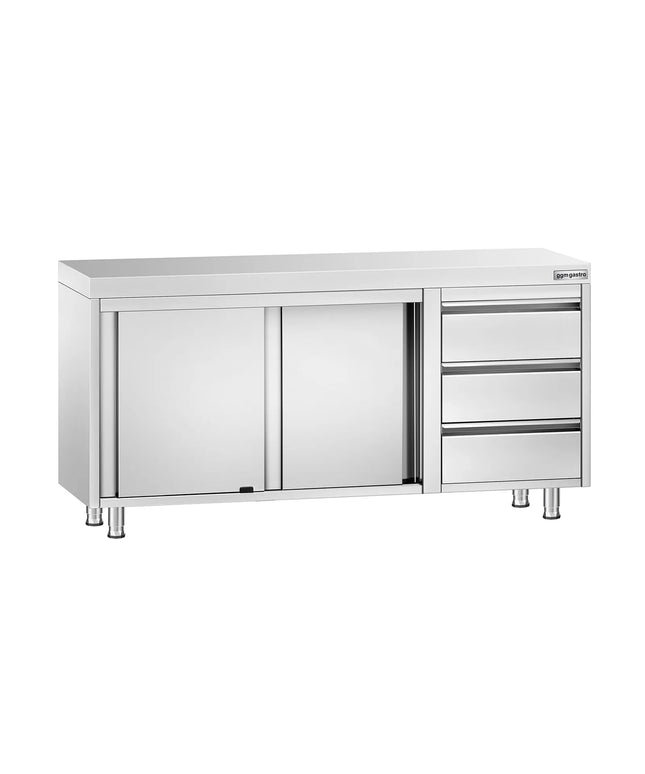 GGM Gastro Stainless Steel Floor Cupboard PREMIUM - 1600x700mm - with Sliding Doors - with 3 Drawers right