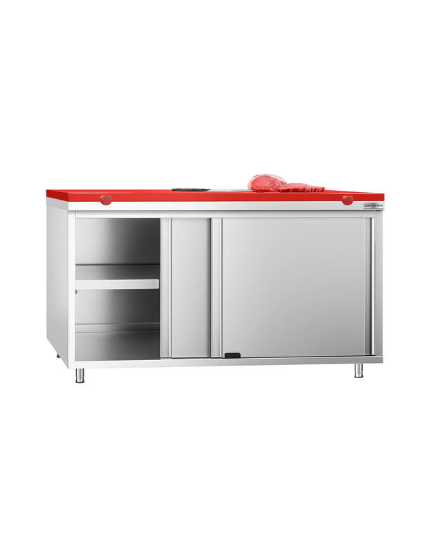 GGM Gastro Stainless Steel Floor Cupboard PREMIUM - 1600x700mm - with Sliding Doors - incl. Chopping Board Red