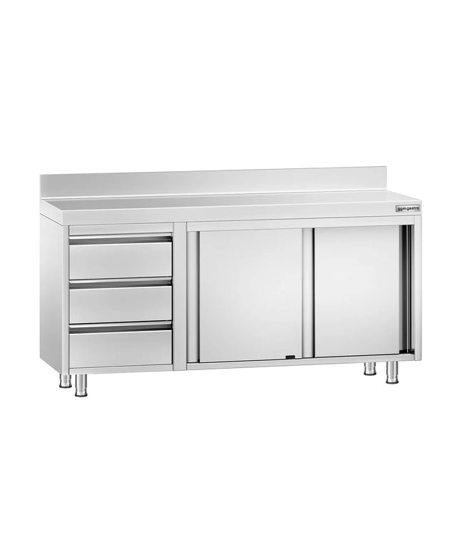 GGM Gastro Stainless Steel Floor Cupboard PREMIUM - 1600x700mm - with Sliding Doors - with 3 Drawers left & Upstand