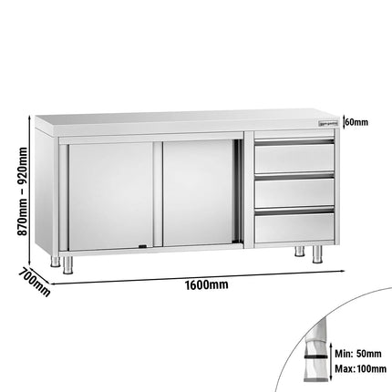 GGM Gastro Stainless Steel Floor Cupboard PREMIUM - 1600x700mm - with Sliding Doors - with 3 Drawers right
