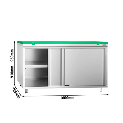 GGM Gastro Stainless Steel Floor Cupboard PREMIUM - 1600x700mm - with Sliding Doors - incl. Chopping Board Green