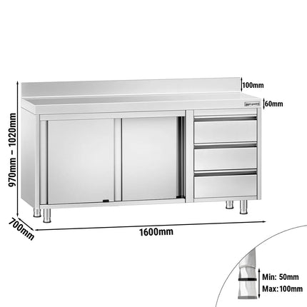 GGM Gastro Stainless Steel Floor Cupboard PREMIUM - 1600x700mm - with Sliding Doors, with 3 Drawers right & Upstand