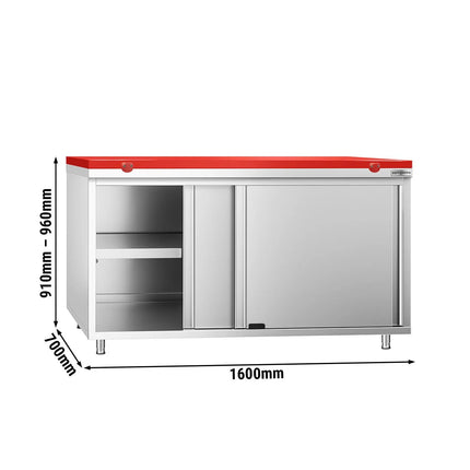 GGM Gastro Stainless Steel Floor Cupboard PREMIUM - 1600x700mm - with Sliding Doors - incl. Chopping Board Red