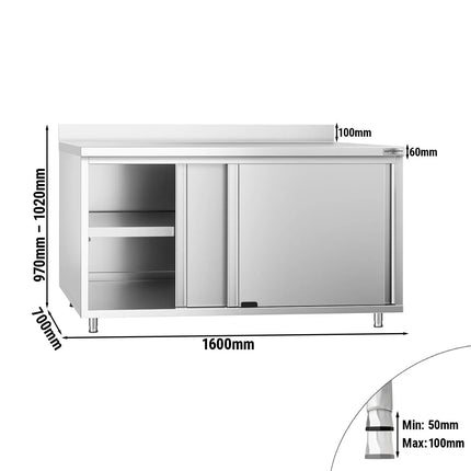 GGM Gastro Stainless Steel Floor Cupboard PREMIUM - 1600x700mm - with Sliding Doors & Upstand