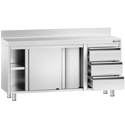 GGM Gastro Stainless Steel Floor Cupboard PREMIUM - 1600x700mm - with Sliding Doors, with 3 Drawers right & Upstand