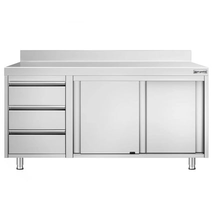 GGM Gastro Stainless Steel Floor Cupboard PREMIUM - 1600x700mm - with Sliding Doors - with 3 Drawers left & Upstand