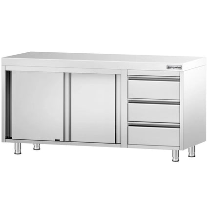 GGM Gastro Stainless Steel Floor Cupboard PREMIUM - 1600x700mm - with Sliding Doors - with 3 Drawers right