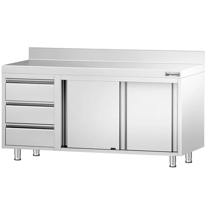 GGM Gastro Stainless Steel Floor Cupboard PREMIUM - 1600x700mm - with Sliding Doors - with 3 Drawers left & Upstand
