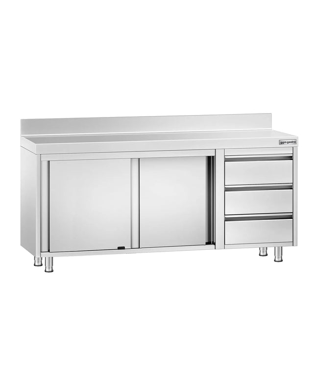 GGM Gastro Stainless Steel Floor Cupboard PREMIUM - 1800x600mm - with 3 Drawers right & Upstand