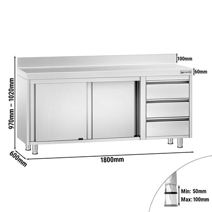GGM Gastro Stainless Steel Floor Cupboard PREMIUM - 1800x600mm - with 3 Drawers right & Upstand
