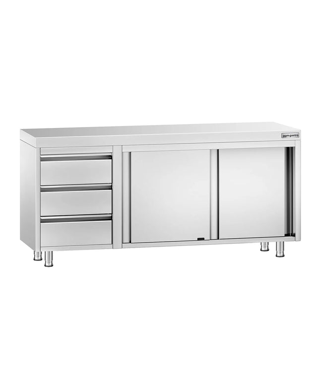 GGM Gastro Stainless Steel Floor Cupboard PREMIUM - 1800x600mm - with Sliding Doors & 3 Drawers left