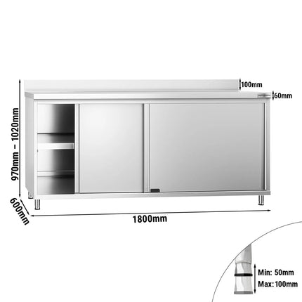 GGM Gastro Stainless Steel Floor Cupboard PREMIUM - 1800x600mm - with Sliding Doors & Upstand