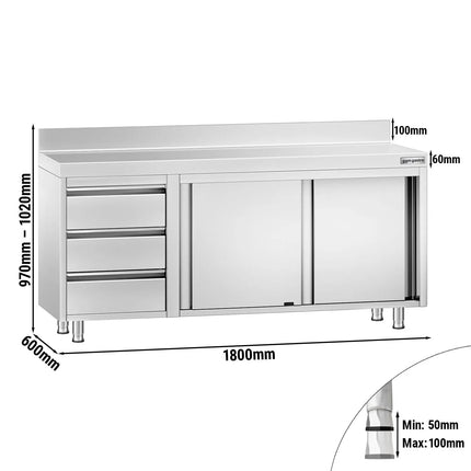 GGM Gastro Stainless Steel Floor Cupboard PREMIUM - 1800x600mm - with Sliding Doors - with 3 Drawers left & Upstand