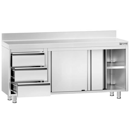 GGM Gastro Stainless Steel Floor Cupboard PREMIUM - 1800x600mm - with Sliding Doors - with 3 Drawers left & Upstand