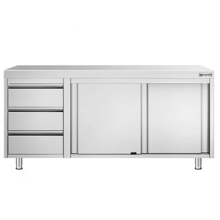 GGM Gastro Stainless Steel Floor Cupboard PREMIUM - 1800x600mm - with Sliding Doors & 3 Drawers left