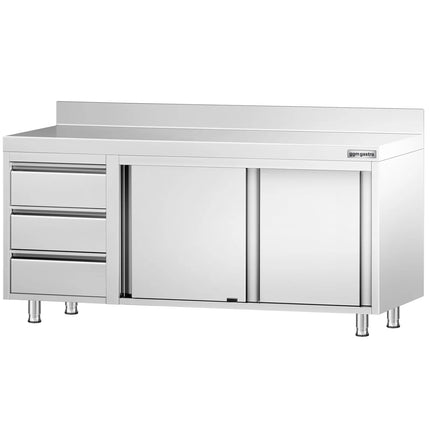 GGM Gastro Stainless Steel Floor Cupboard PREMIUM - 1800x600mm - with Sliding Doors - with 3 Drawers left & Upstand