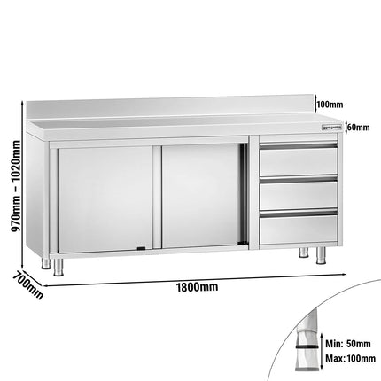GGM Gastro Stainless Steel Floor Cupboard PREMIUM - 1800x700mm - with 3 Drawers right & Upstand - with Sliding Doors