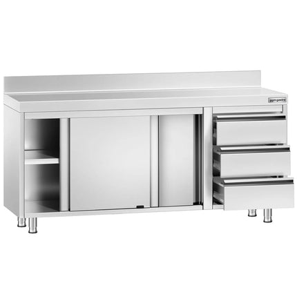 GGM Gastro Stainless Steel Floor Cupboard PREMIUM - 1800x700mm - with 3 Drawers right & Upstand - with Sliding Doors
