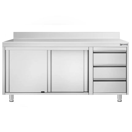 GGM Gastro Stainless Steel Floor Cupboard PREMIUM - 1800x700mm - with 3 Drawers right & Upstand - with Sliding Doors
