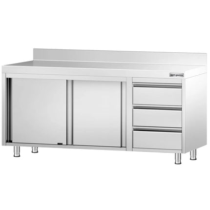 GGM Gastro Stainless Steel Floor Cupboard PREMIUM - 1800x700mm - with 3 Drawers right & Upstand - with Sliding Doors