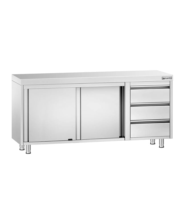 GGM Gastro Stainless Steel Floor Cupboard PREMIUM - 1800x700mm - with Sliding Doors - with 3 Drawers right
