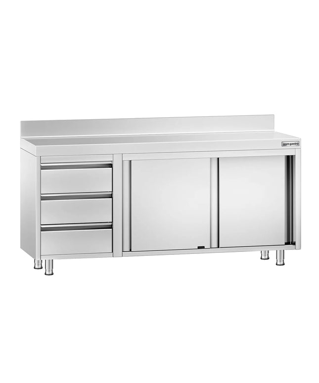 GGM Gastro Stainless Steel Floor Cupboard PREMIUM - 1800x700mm - with Sliding Doors - with 3 Drawers left & Upstand