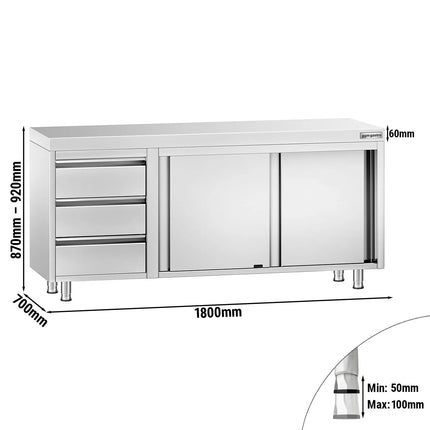 GGM Gastro Stainless Steel Floor Cupboard PREMIUM - 1800x700mm - with Sliding Doors - with 3 Drawers left
