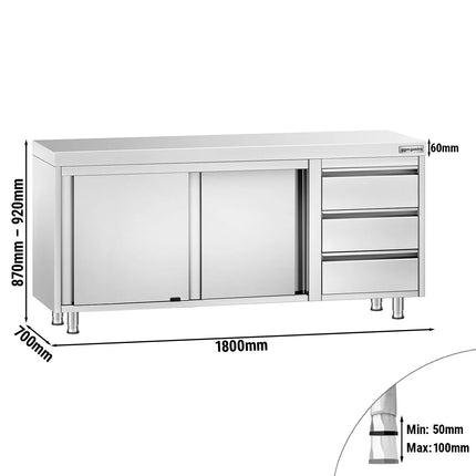 GGM Gastro Stainless Steel Floor Cupboard PREMIUM - 1800x700mm - with Sliding Doors - with 3 Drawers right