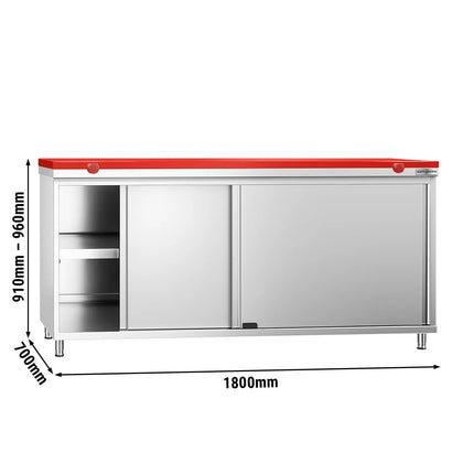 GGM Gastro Stainless Steel Floor Cupboard PREMIUM - 1800x700mm - with Sliding Doors - incl. Chopping Board Red
