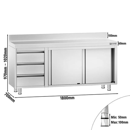 GGM Gastro Stainless Steel Floor Cupboard PREMIUM - 1800x700mm - with Sliding Doors - with 3 Drawers left & Upstand