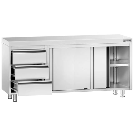 GGM Gastro Stainless Steel Floor Cupboard PREMIUM - 1800x700mm - with Sliding Doors - with 3 Drawers left