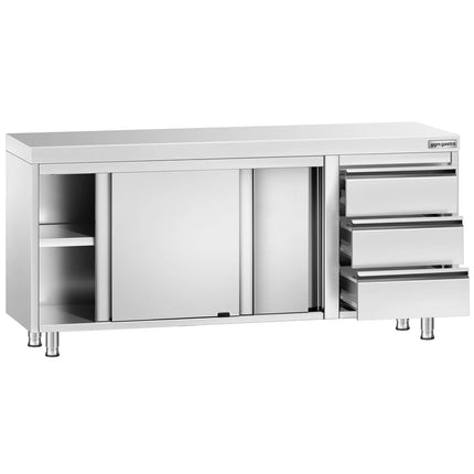 GGM Gastro Stainless Steel Floor Cupboard PREMIUM - 1800x700mm - with Sliding Doors - with 3 Drawers right