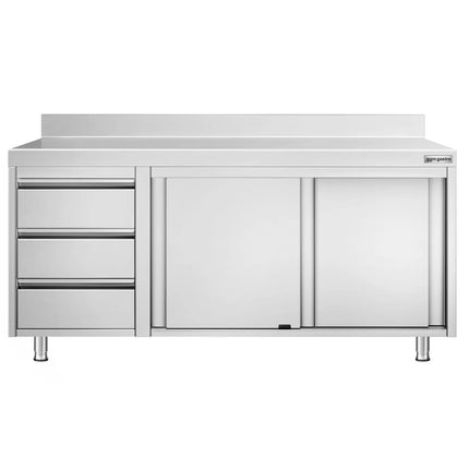 GGM Gastro Stainless Steel Floor Cupboard PREMIUM - 1800x700mm - with Sliding Doors - with 3 Drawers left & Upstand