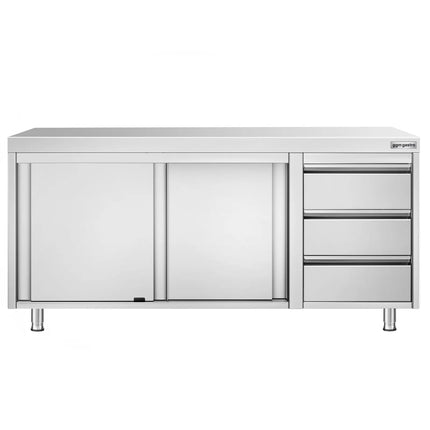 GGM Gastro Stainless Steel Floor Cupboard PREMIUM - 1800x700mm - with Sliding Doors - with 3 Drawers right
