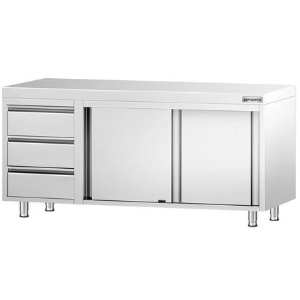 GGM Gastro Stainless Steel Floor Cupboard PREMIUM - 1800x700mm - with Sliding Doors - with 3 Drawers left