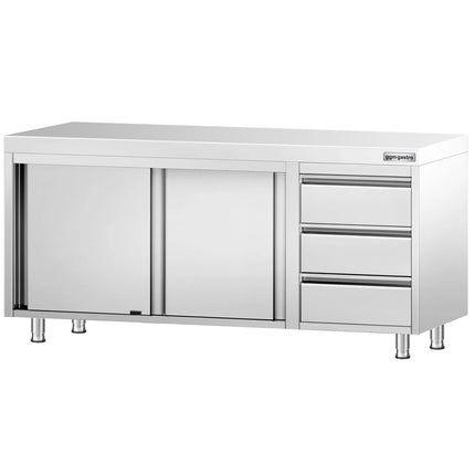 GGM Gastro Stainless Steel Floor Cupboard PREMIUM - 1800x700mm - with Sliding Doors - with 3 Drawers right